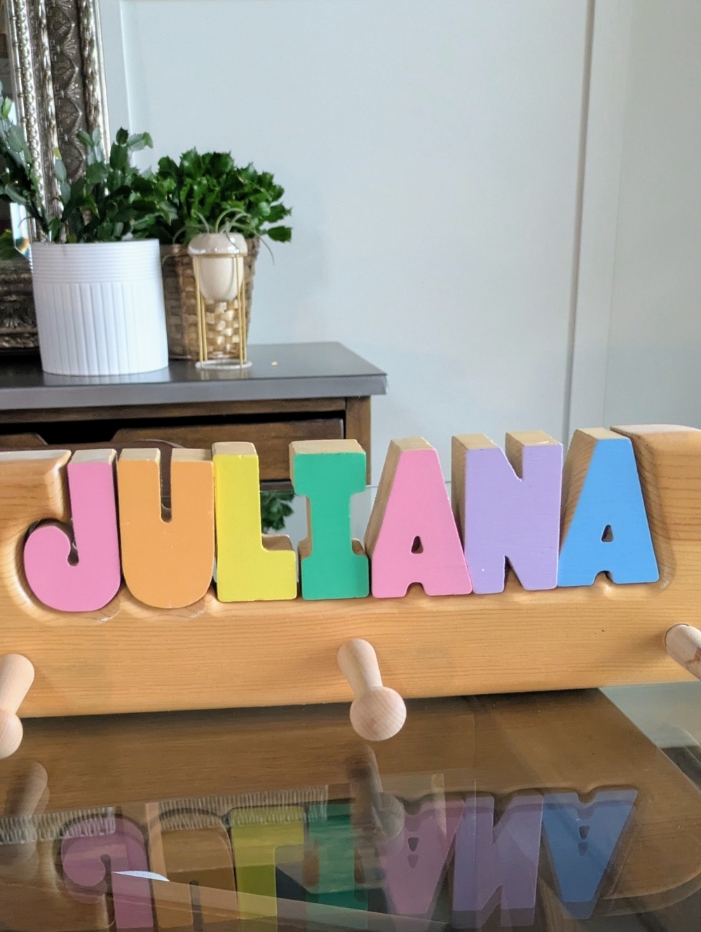 Wooden Name Puzzle Coatrack  "JULIANA" in Pastel Rainbow